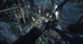 First-person perspective of a character aiming a bow in a dark, overgrown jungle setting.