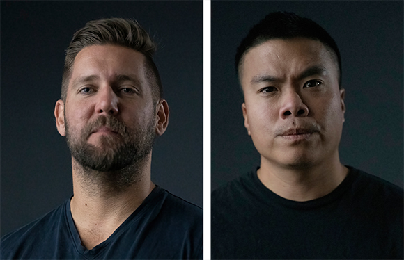 Two men in black shirts posing for headshots against a dark background.