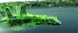 A dark fighter jet flying low over a body of water, surrounded by swirling green energy.