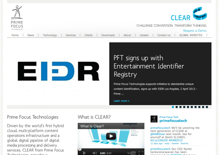 Prime Focus Technologies website homepage featuring a news banner about EIDR.