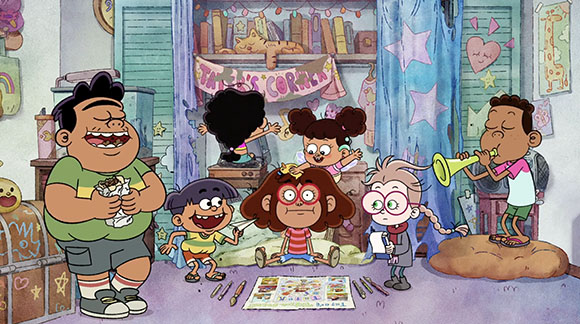 Cartoon children eating, playing music, and drawing in a cluttered, colorful bedroom.