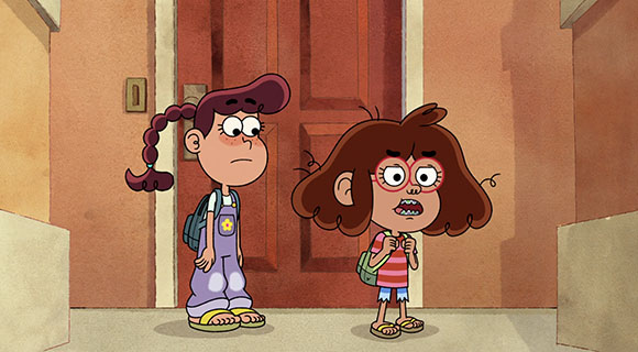 Two cartoon girls with worried expressions stand in a hallway in front of a brown door.