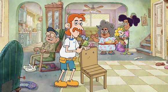 Animated characters in a living room; a man holds a hammer near a chair while others watch from the background.