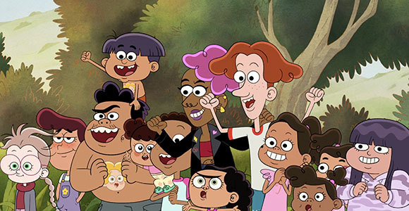 A diverse group of animated children smiling and cheering in a lush green forest.