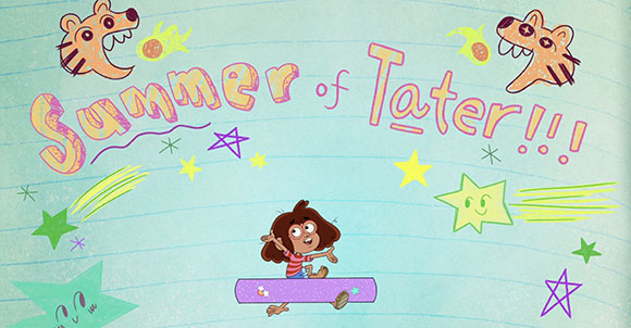 Cartoon illustration with the text 'Summer of Tater!!!', colorful stars, animal heads, and a small character.