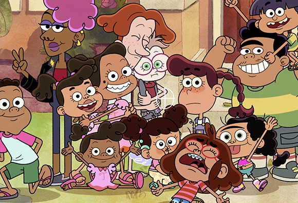 A group of diverse animated characters from a cartoon smiling and posing together outdoors.
