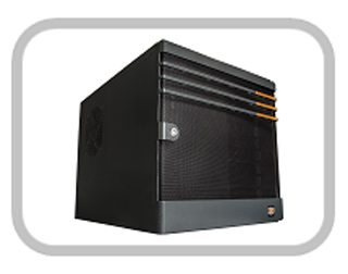 A black rectangular computer case with a mesh front panel and orange accents.