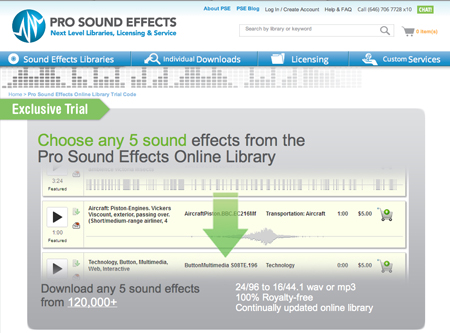 Webpage banner offering a trial to choose five sound effects from an online library.