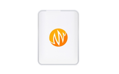 A white rectangular device featuring a central orange circular logo with white wavy lines.