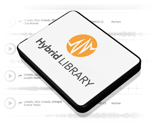 A white external hard drive featuring an orange circular logo and the text Hybrid LIBRARY.