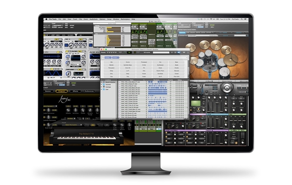 A computer monitor showing a complex digital audio workstation interface with various mixing tools and sound libraries.