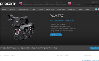 Website homepage for Procam displaying a Sony PXW-FS7 camera and its technical specifications.