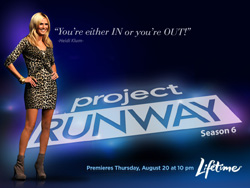 Heidi Klum in a leopard print dress next to the Project Runway Season 6 logo.