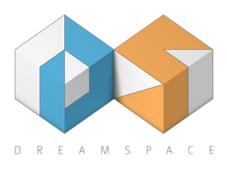 Two interlocking 3D isometric cubes in blue and orange forming an infinity shape above the word DREAMSPACE.