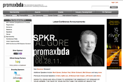 Promax BDA website showing conference announcements and a black and white portrait of Al Gore.