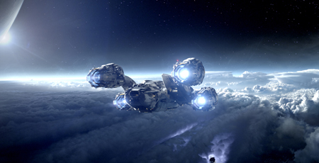 A metallic spacecraft flying over a thick layer of white clouds against a dark, starry space background.