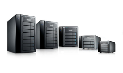 Five black computer server towers of different sizes arranged in a descending line on a white background.