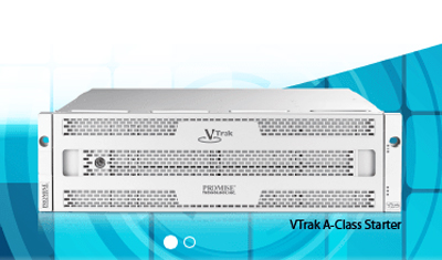Silver VTrack A-Class Starter storage device with a perforated front panel on a blue background.