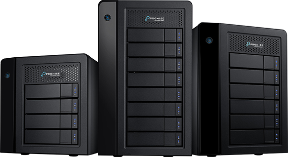 Three black Promise Technology network storage devices of different heights arranged against a white background.