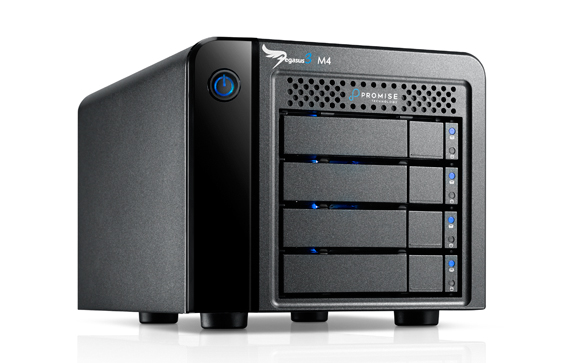 Black Promise Pegasus 3 M4 external storage device with four drive bays and a blue power button.