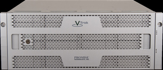 Front view of a white VTrak server rack unit with ventilation grilles and the Promise Technologies logo.