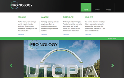 Pronology website showing Acquire, Manage, Distribute, and Archive services above a landscape banner.