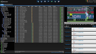 Software interface showing a file list on the left and a soccer match video playing on the right.