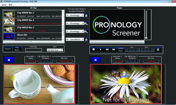 Software interface showing a list of recorded clips, a video player, and two preview windows.