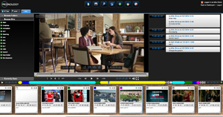 Video editing software interface displaying a scene of two women sitting at a cafe table.