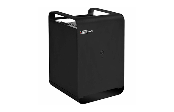 A black rectangular NAS m3 storage device with integrated handles on the top and bottom.
