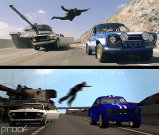 Two side-by-side shots of a tank, a person flying through the air, and two cars racing on a road.
