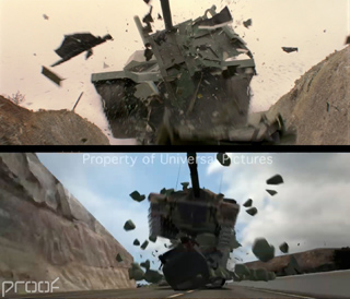 A military vehicle explodes and flips through the air against a backdrop of hills.