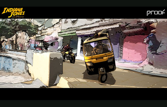 Stylized illustration of a yellow auto-rickshaw and a motorcyclist on a narrow street with colorful buildings.