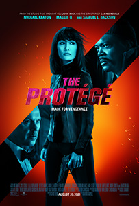 Movie poster for The Protégé featuring three actors' faces against an orange and black background.