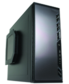 A black vertical desktop computer tower with a smooth front panel and side ports.