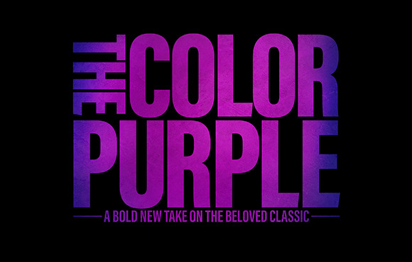 Large purple text reading THE COLOR PURPLE on a black background.