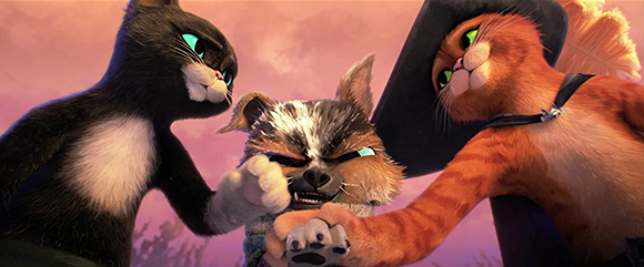 Three animated cats with intense expressions stare at each other in a confrontation.