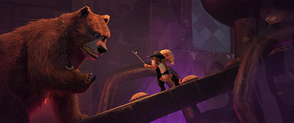 A small character in a hat holds a staff toward a massive, snarling brown bear in a dark, purple-lit setting.