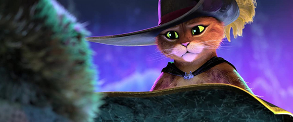 An orange animated cat with green eyes wears a large dark hat with a feather.