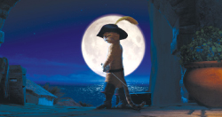 An animated character in a hat and boots stands before a massive full moon over a dark sea.