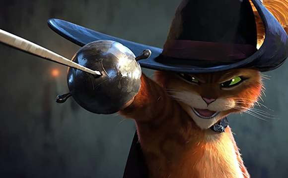 An orange tabby cat wearing a black hat and cape, holding a sword and a small round shield.