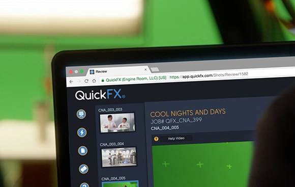 A laptop screen showing the QuickFX review interface with video thumbnails and job details.