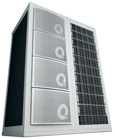 A tall, rectangular industrial battery storage unit with four silver panels and a black ventilation grille.