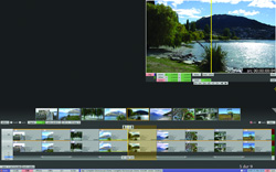 Video editing software interface with a landscape preview and multiple video timeline tracks.