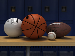 A basketball, volleyball, football, and baseball sit on a wooden bench in front of blue lockers.