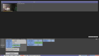 A dark-themed video editing software interface with a video preview window and various control panels.