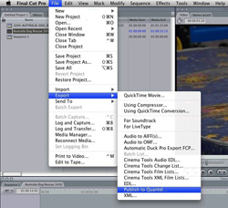 A dropdown menu from the File menu in Final Cut Pro showing various export options.