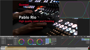 Software interface showing color grading controls, a graph, and hands adjusting a control panel.