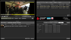 Four screenshots showing video playback, file lists, and media management software interfaces.