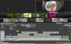 A digital video editing software interface showing multiple video timelines, preview windows, and control panels.
